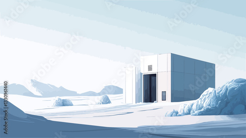 The image depicts a digitally rendered, minimalist white building situated in a vast, snow-covered arctic landscape. The building is cubic in form with a single, large opening.  The landscape is