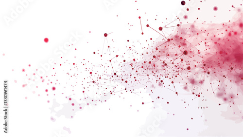 The image is an abstract composition featuring a dispersion of small red particles and dots against a white background.  The particles appear to be connected by thin, faint lines suggesting a