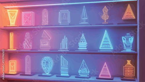 The image shows a display case containing numerous small, translucent, geometric and architectural forms.  These objects are illuminated from within, creating a vibrant glow in shades of pink,