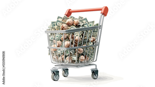 A close-up shot against a white background of a small metal shopping cart overflowing with US dollar bills.  The cart is light gray with an orange handle. The image is brightly lit, with a focus on