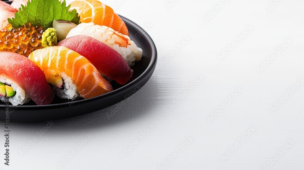 Plate of exquisite sushi delicacies artfully arranged to showcase fresh ingredients and culinary mastery in presentation Plate of exquisite sushi delicacies artfully arranged to showcase fresh ingredients and culinary mastery in presentation