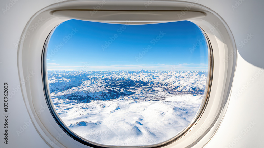Snowy mountain range viewed from airplane window, showcasing stunning landscapes Snowy mountain range viewed from airplane window, showcasing stunning landscapes