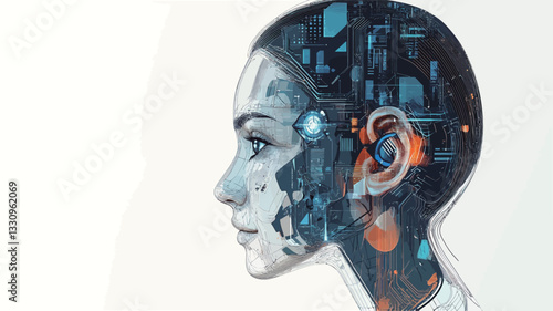 A digital illustration depicting a female head in profile view.  The head is rendered in a realistic style with subtle shading and detail, overlaid with a semi-transparent design featuring