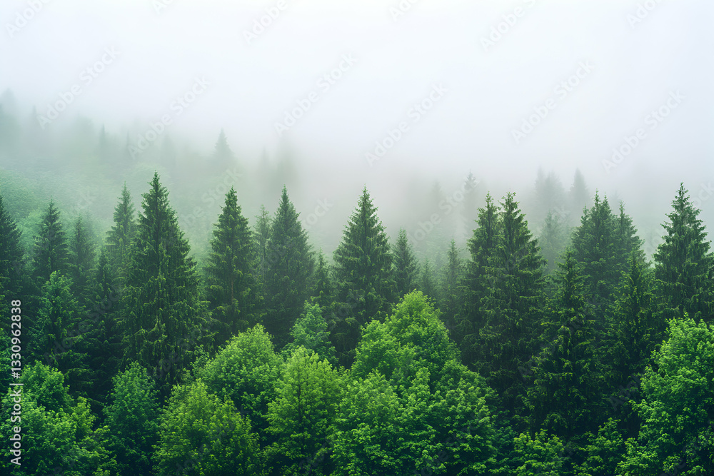 Obraz premium Misty mountain forest scene with tall evergreen trees and lush green undergrowth, creating a tranquil and serene atmosphere.