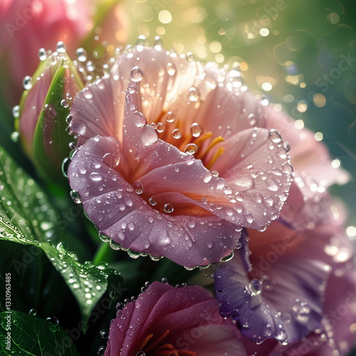 Delicate water droplets cling to the petals of a vibrant bouquet of flowers, glistening in the soft, warm light, with each drop refracting tiny rainbows, set against a blurred, lush green background,