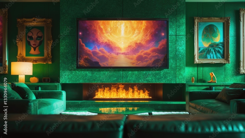 Fototapeta premium Interior of contemporary living room featuring a television and fireplace at home