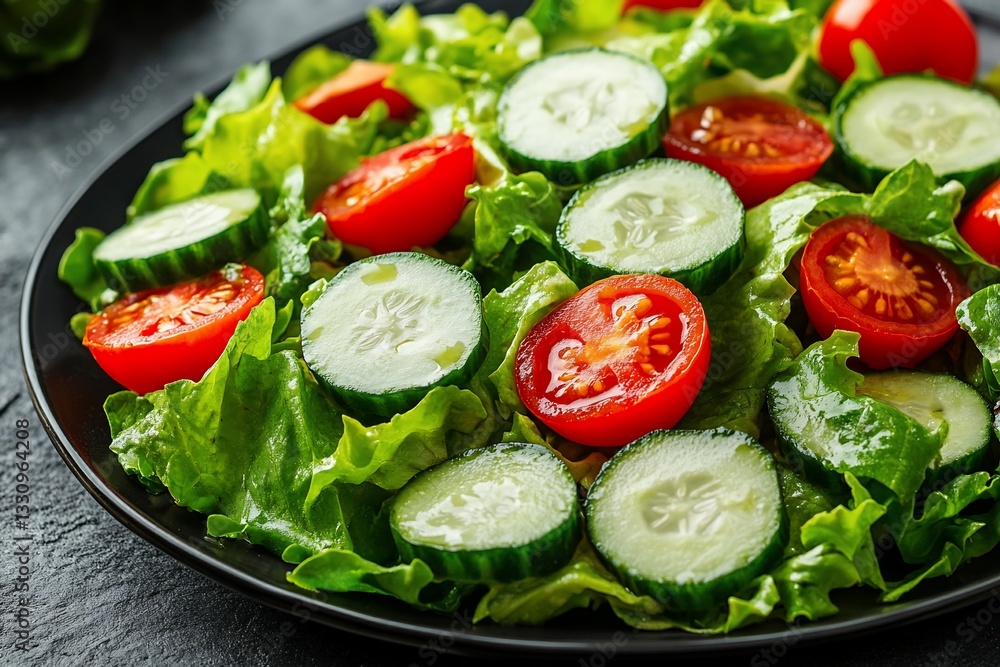 Fresh Green Salad with Tomatoes and Cucumbers on Dark Plate Fresh Green Salad with Tomatoes and Cucumbers on Dark Plate