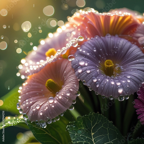 Delicate water droplets cling to the petals of a vibrant bouquet of flowers, glistening in the soft, warm light, with each drop refracting tiny rainbows, set against a blurred, lush green background,