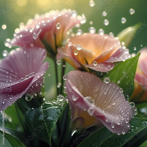 Delicate water droplets cling to the petals of a vibrant bouquet of flowers, glistening in the soft, warm light, with each drop refracting tiny rainbows, set against a blurred, lush green background,