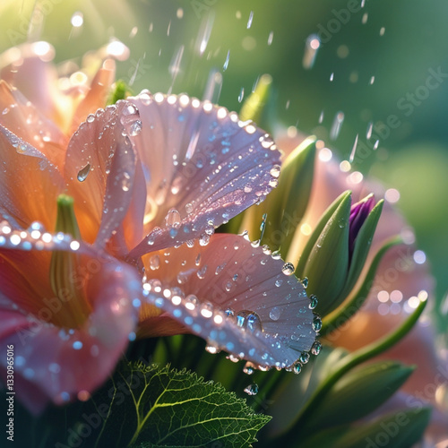 Delicate water droplets cling to the petals of a vibrant bouquet of flowers, glistening in the soft, warm light, with each drop refracting tiny rainbows, set against a blurred, lush green background,
