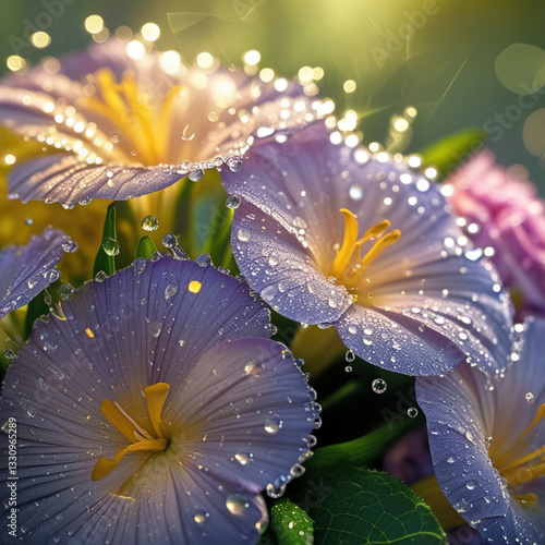 Delicate water droplets cling to the petals of a vibrant bouquet of flowers, glistening in the soft, warm light, with each drop refracting tiny rainbows, set against a blurred, lush green background,