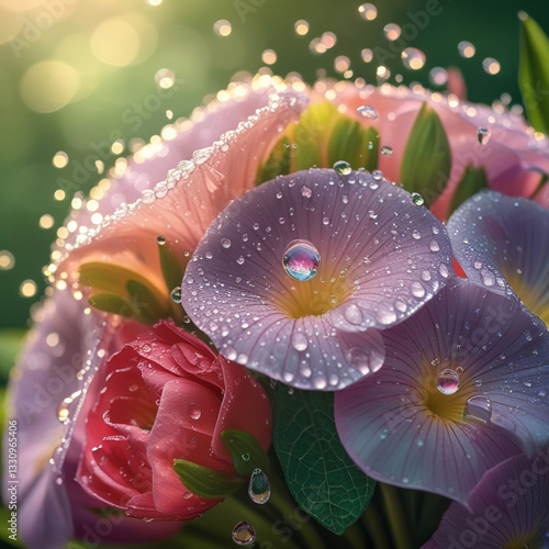 Delicate water droplets cling to the petals of a vibrant bouquet of flowers, glistening in the soft, warm light, with each drop refracting tiny rainbows, set against a blurred, lush green background,