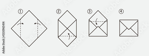 Diagram showing the process of folding an envelope using origami techniques. Features four steps starting with a square paper and finishing with a closed envelope. A clear instructional