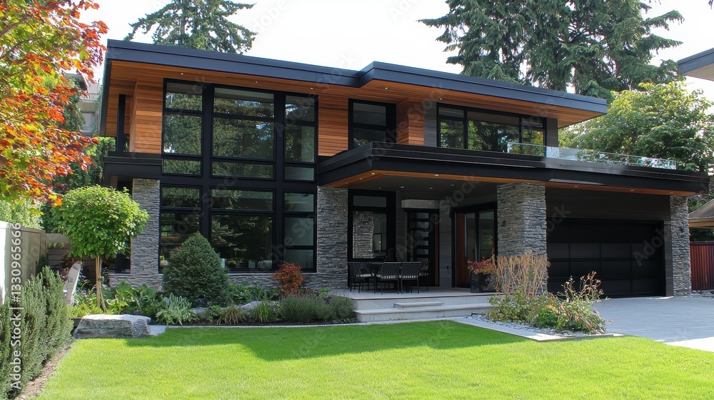 Naklejka premium Modern House Design with Large Windows and Stylish Landscaping