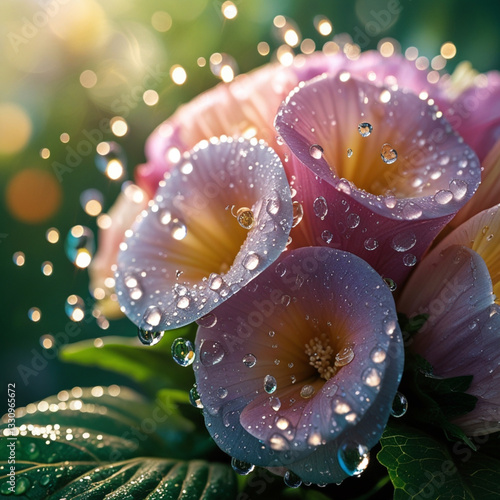 Delicate water droplets cling to the petals of a vibrant bouquet of flowers, glistening in the soft, warm light, with each drop refracting tiny rainbows, set against a blurred, lush green background,