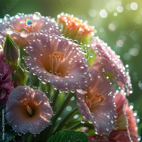 Delicate water droplets cling to the petals of a vibrant bouquet of flowers, glistening in the soft, warm light, with each drop refracting tiny rainbows, set against a blurred, lush green background,
