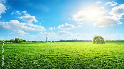 Sunny, green field, wind turbine, idyllic landscape