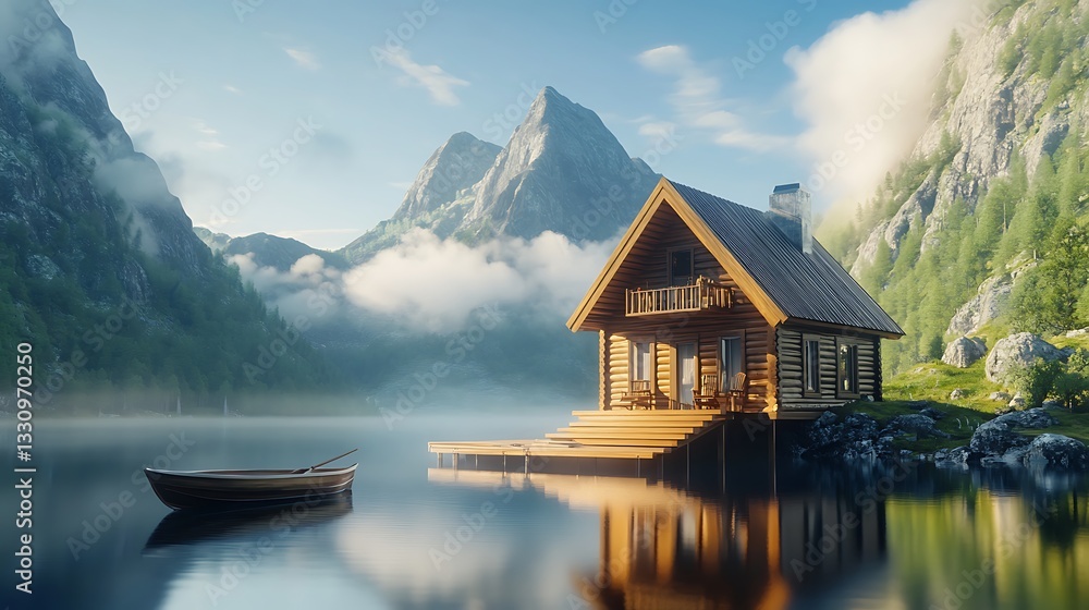 Fototapeta premium Lakeside cabin at sunrise, misty mountains, serene scene