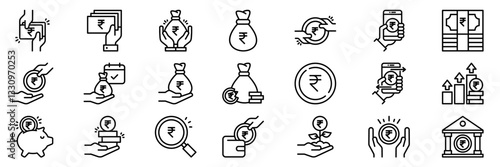 Rupee currency icon set. Simple line vector illustration.