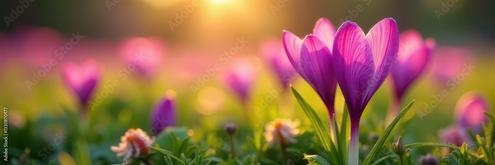 Naklejka premium Close-up vibrant crocus, sunrise dew, soft wind , pretty, plant