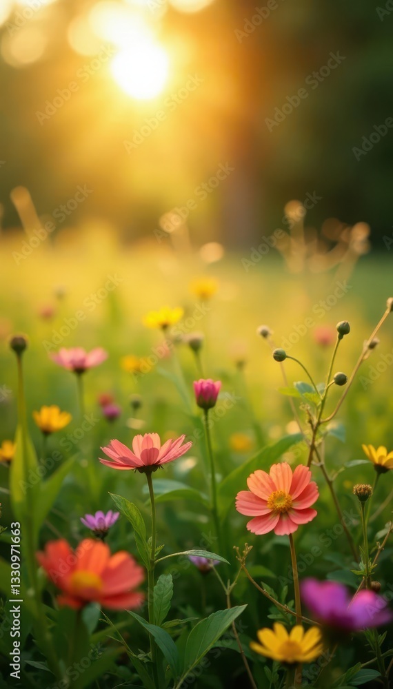 Obraz premium Golden sunlight bathes a vibrant meadow; wildflowers in bloom, gentle breeze , meadow, breeze
