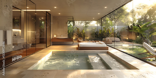 Baño minimalista con tina independiente, piscina interior y ventanales panorámicos