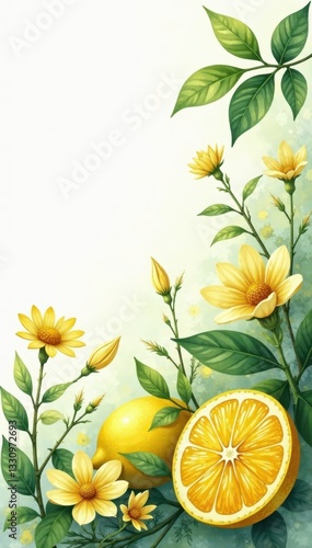 Sun-drenched lemons & wildflowers, watercolor painting Delicate leaves , lemon, image