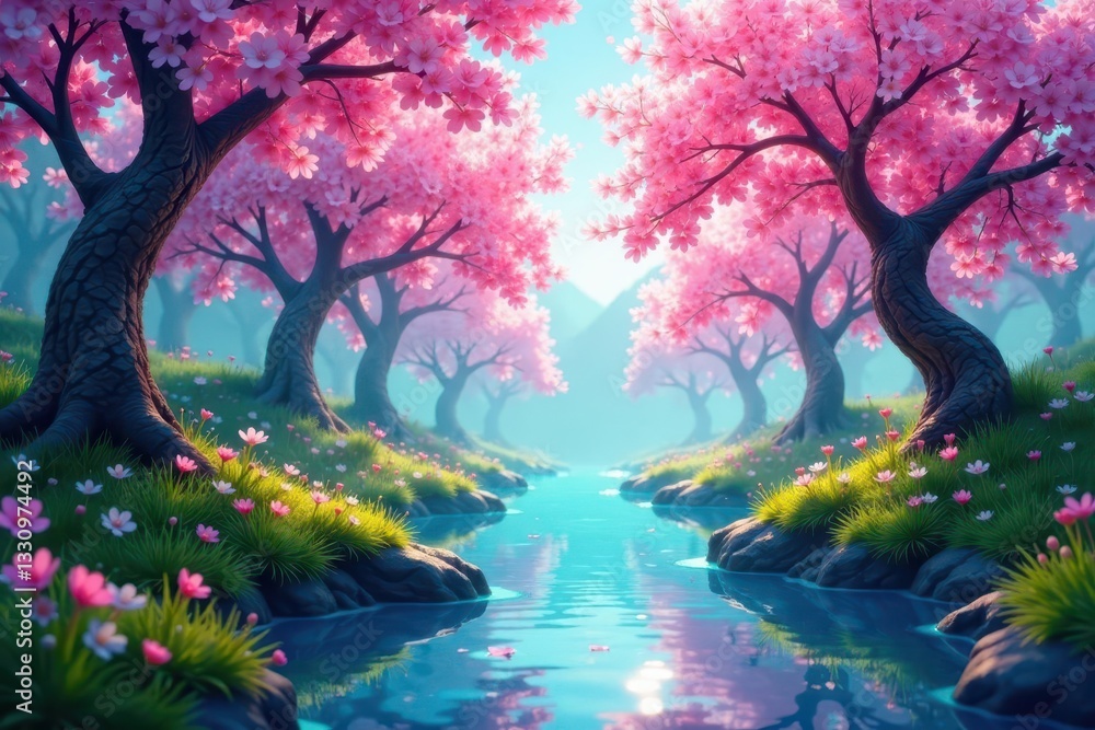 Fototapeta premium Enchanted cherry blossoms drink from glowing blue rivers in a mystical spring meadow , blue, spring