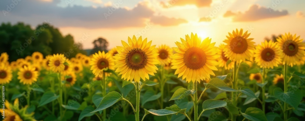 Obraz premium Golden sunflowers stretching towards the sun, lush green meadow, backdrop, nature