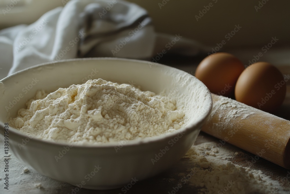 Baking Ingredients Flour, Eggs, and Rolling Pin on Rustic Table Baking Ingredients Flour, Eggs, and Rolling Pin on Rustic Table