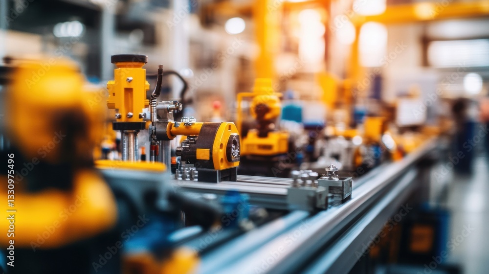 Fototapeta premium Yellow and Grey Industrial Machinery on Conveyor Belt in Factory
