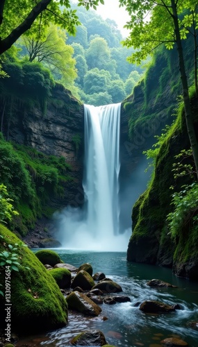 Serene waterfall cascading down mossy rocks into lush green valley , nature, lush