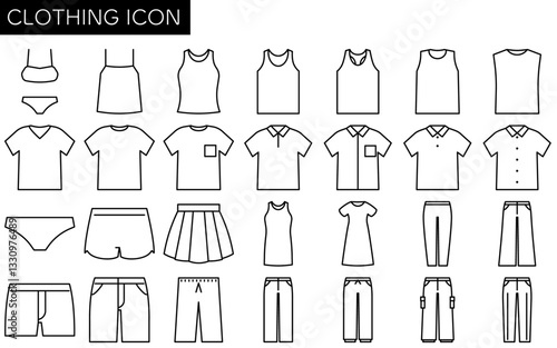 Set of clothing: tank top, shirt, skirt, dress, pants and pants, simple line drawing icons in black and white