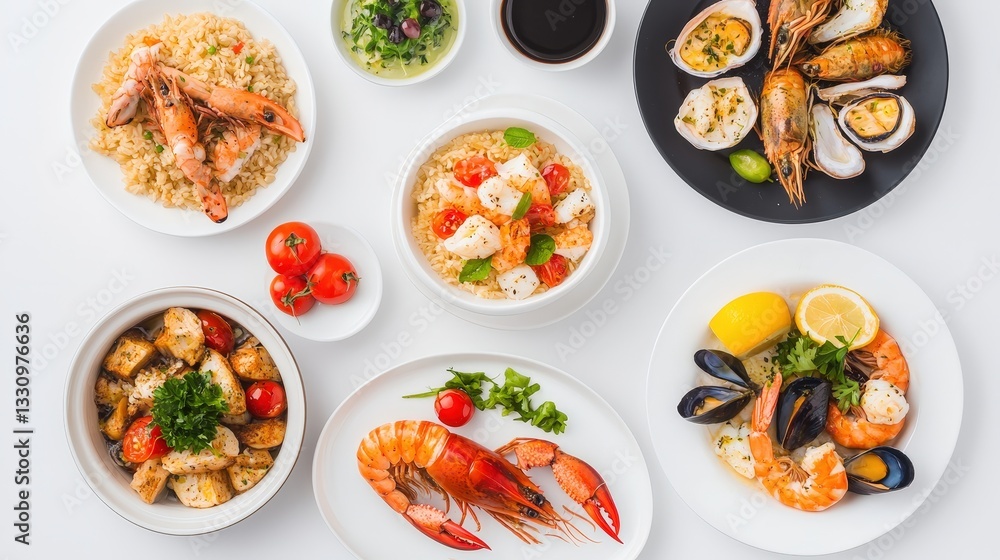 Assortment of delicious seafood dishes displayed on a scenic seaside dining table with mediterranean influences Assortment of delicious seafood dishes displayed on a scenic seaside dining table with mediterranean influences