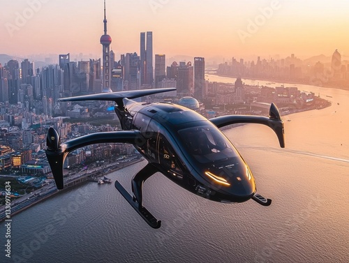 In a breathtaking display of technological prowess, an AI-powered autonomous flying taxi gracefully navigates the complex urban landscape The futuristic vehicle, equipped with advanced sensors and