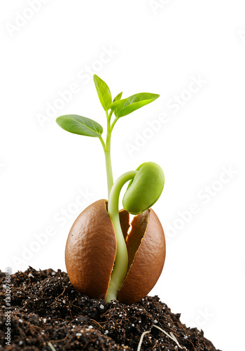 Sprout emerging from seed in fertile soil, symbolizing new beginnings.
