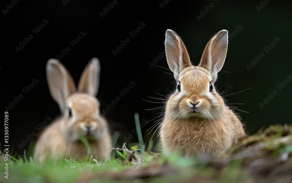 Two Wild Rabbits One Shaking Water Off Fur in Green Grass Two Wild Rabbits One Shaking Water Off Fur in Green Grass