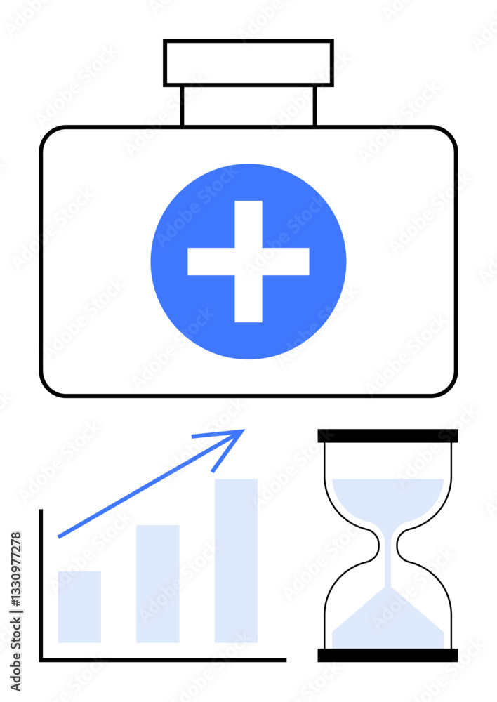 Fototapeta premium Medical kit with cross icon, upward trending bar chart, and hourglass representing healthcare, progress, time management, planning, productivity, efficiency goal setting. Flat simple metaphor