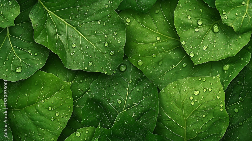 Fototapeta premium Lush Green Leaves with Dew Drops: Close-Up Nature Photography AI Generated