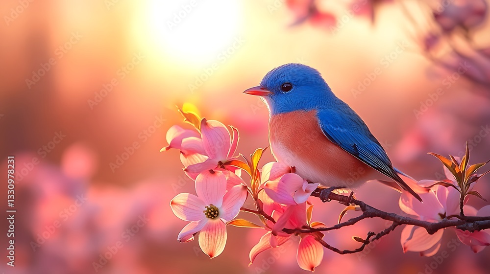 Fototapeta premium Vibrant Bluebird Perched on Pink Dogwood Blossoms at Sunset