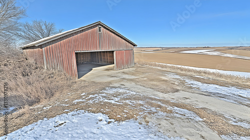 Wallpaper Mural Rustic red barn with open doors on snowy hillside overlooking farmland under a clear blue sky.  Perfect for rural, agricultural, or winter themes. Torontodigital.ca