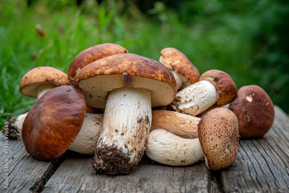 Brown and White Mushrooms on Weathered Wood Brown and White Mushrooms on Weathered Wood