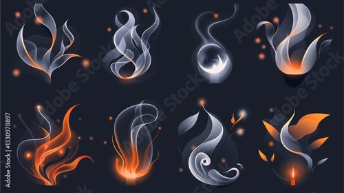 abstract smoke or fire illustrations with glowing effects and various shapes 