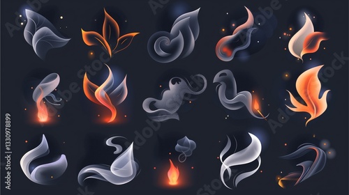 a collection of stylized smoke and fire elements against a dark backdrop, with varying shapes, colors, and effects