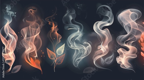 a collection of stylized smoke or vapor effects in various colors, and shapes with some leaves