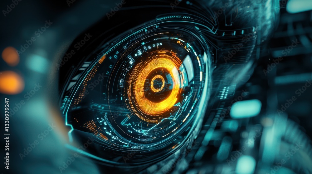 Futuristic Cybernetic Eye with Illuminated Orange Details and Technology Futuristic Cybernetic Eye with Illuminated Orange Details and Technology