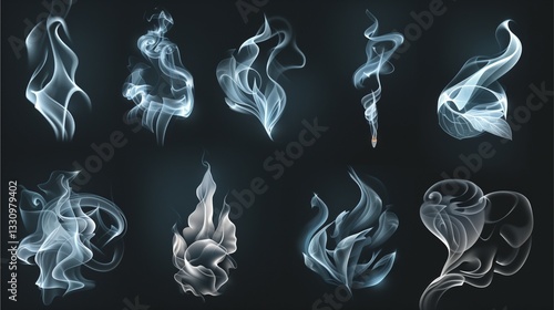 an array of artistic smoke patterns on dark background, conveying an ethereal, dreamlike atmosphere