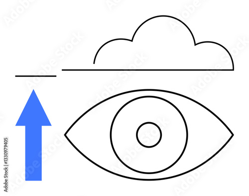 Eye graphic paired with upward arrow and cloud line. Ideal for vision, clarity, innovation, ambition, progress, focus, self-improvement. Minimalistic flat simple metaphor