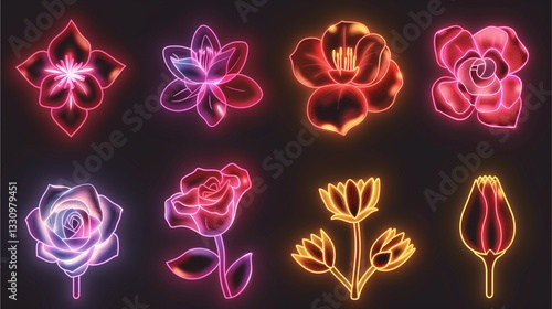 a set of stylish neon flowers illuminated in various vibrant colors against a dark background