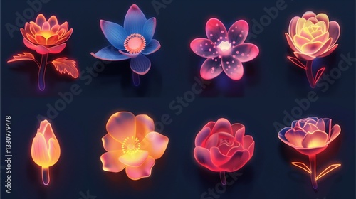 glowing fantasy flowers of various types, displayed against a dark backdrop